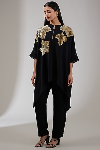 Black Textured Crepe Floral Hand & Machine Embellished Asymmetric Tunic by Namrata Joshipura