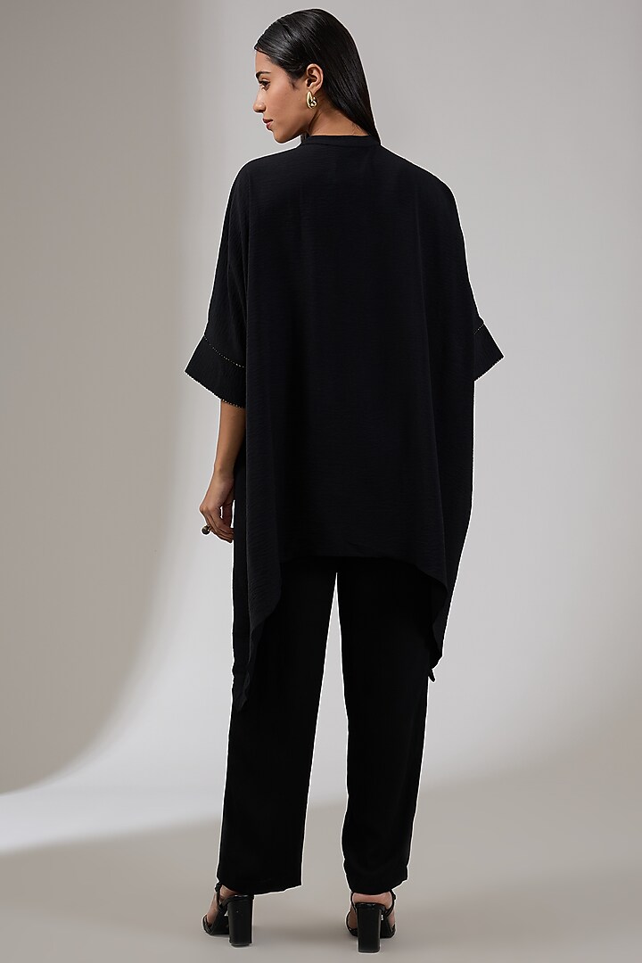Black Textured Crepe Floral Hand & Machine Embellished Asymmetric Tunic by Namrata Joshipura at Pernia's Pop Up Shop