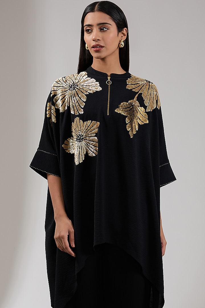 Black Textured Crepe Floral Hand & Machine Embellished Asymmetric Tunic by Namrata Joshipura at Pernia's Pop Up Shop