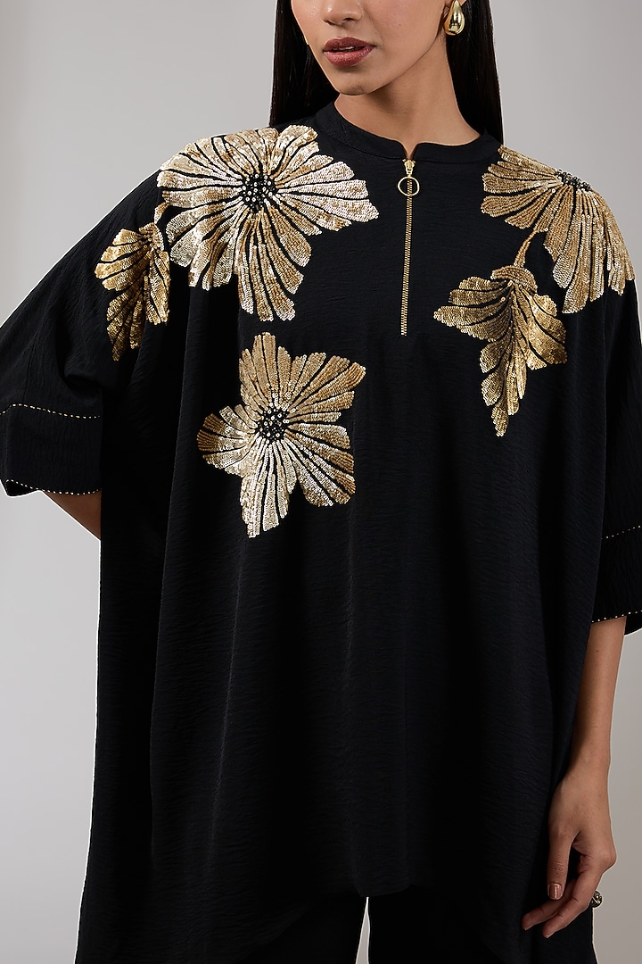 Black Textured Crepe Floral Hand & Machine Embellished Asymmetric Tunic by Namrata Joshipura at Pernia's Pop Up Shop