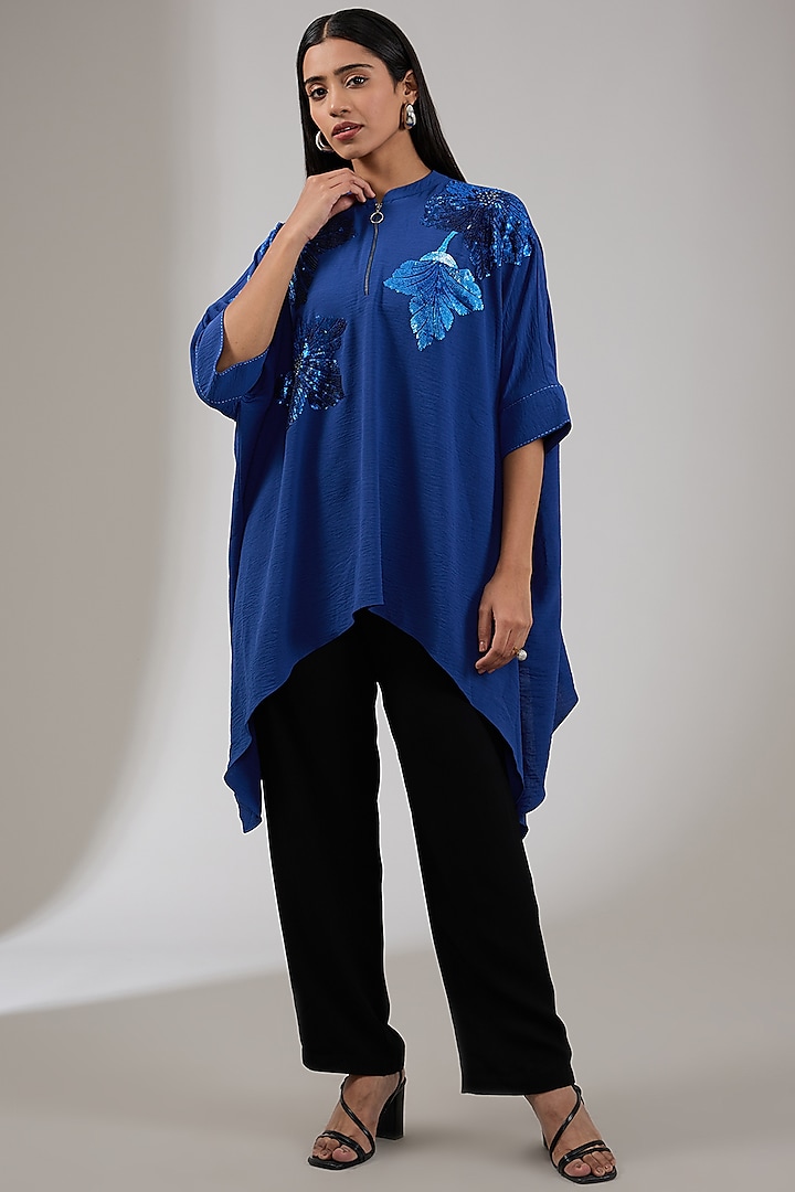 Neptune Textured Crepe Floral Hand & Machine Embellished Asymmetric Tunic by Namrata Joshipura at Pernia's Pop Up Shop