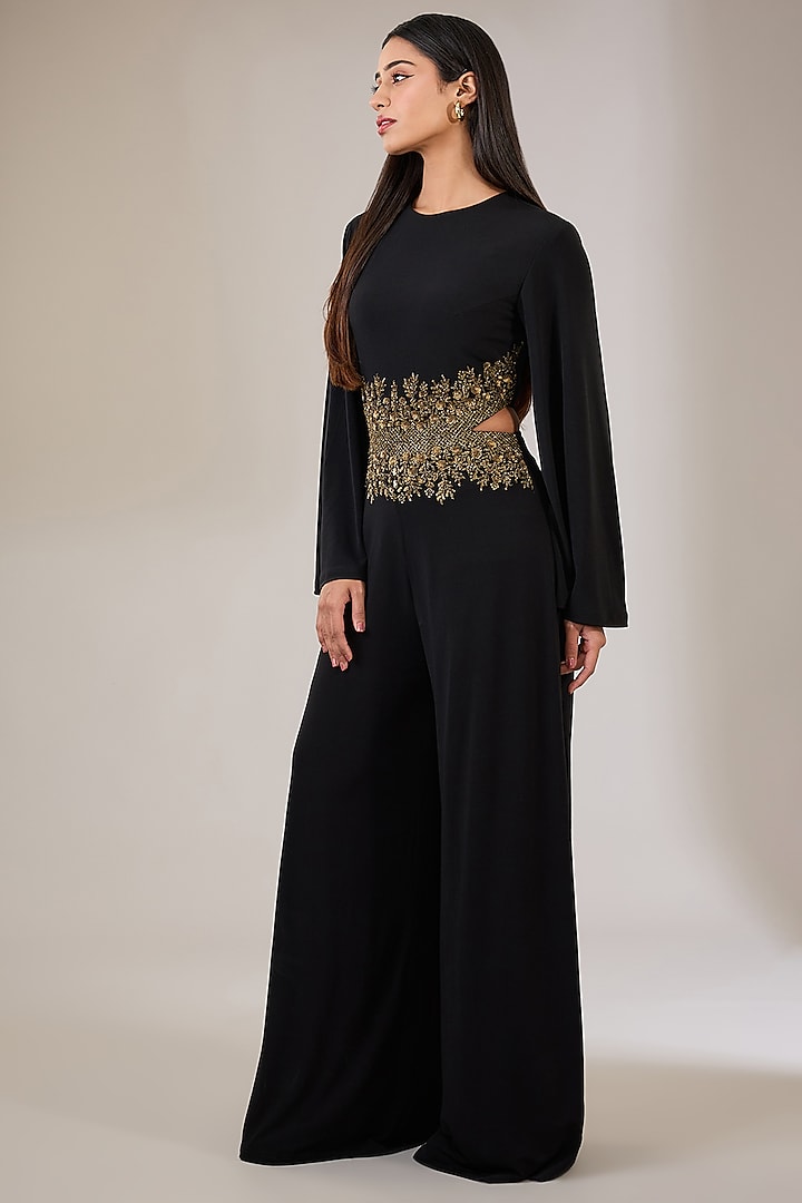 Black Jersey Hand & Machine Embellished Jumpsuit by Namrata Joshipura at Pernia's Pop Up Shop