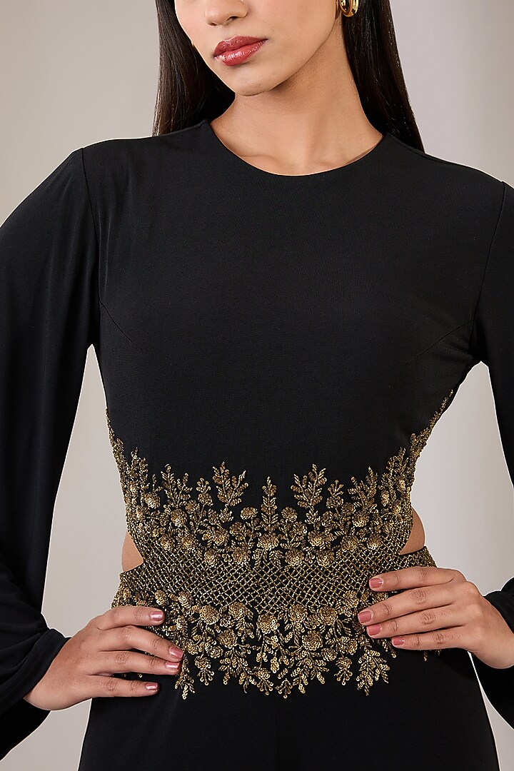 Black Jersey Hand & Machine Embellished Jumpsuit by Namrata Joshipura at Pernia's Pop Up Shop