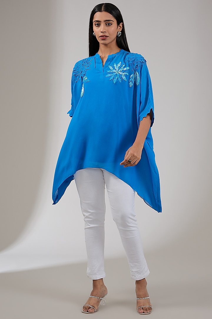 Sapphire Georgette Floral Hand & Machine Embellished Tunic by Namrata Joshipura at Pernia's Pop Up Shop