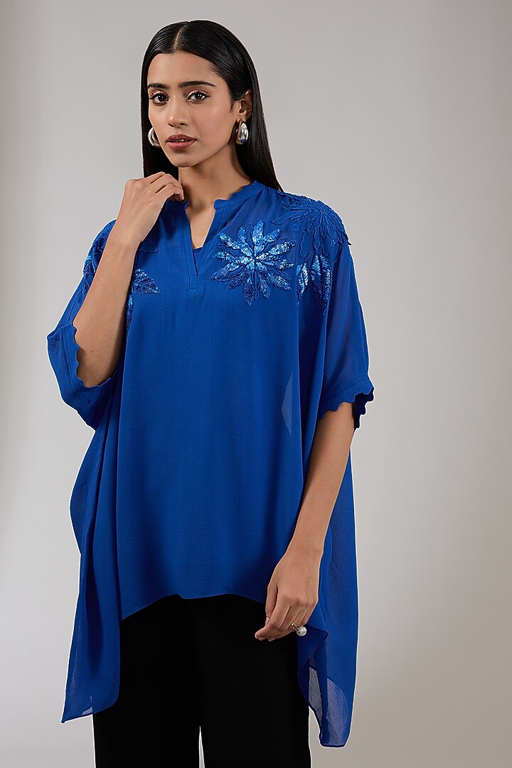 Neptune Georgette Floral Hand & Machine Embellished Tunic by Namrata Joshipura at Pernia's Pop Up Shop