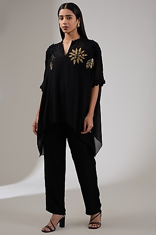 Black Georgette Floral Hand & Machine Embellished Tunic by Namrata Joshipura