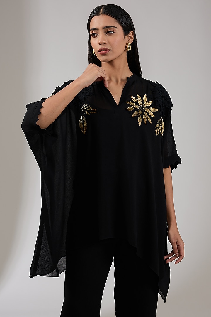 Black Georgette Floral Hand & Machine Embellished Tunic by Namrata Joshipura at Pernia's Pop Up Shop