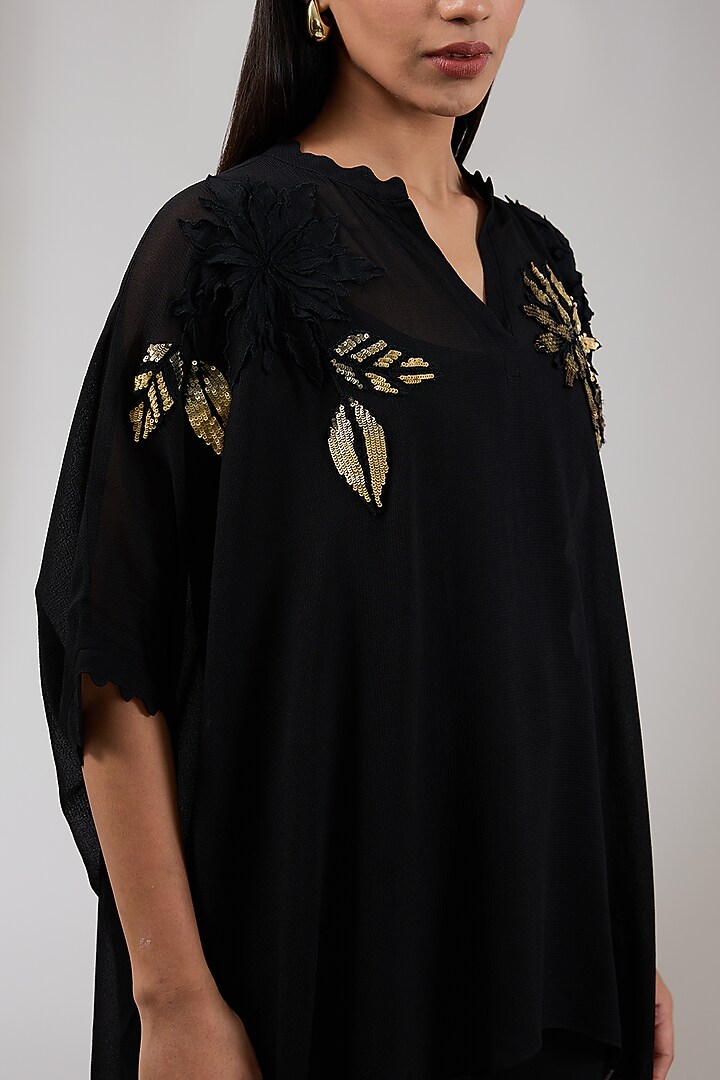 Black Georgette Floral Hand & Machine Embellished Tunic by Namrata Joshipura at Pernia's Pop Up Shop