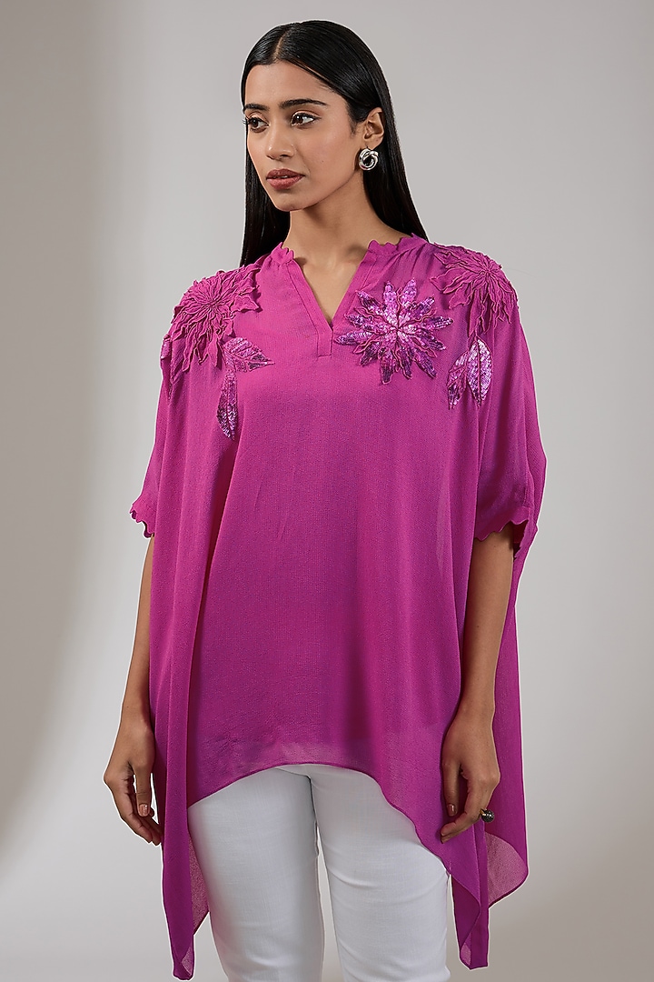 Ruby Georgette Floral Hand & Machine Embellished Tunic by Namrata Joshipura at Pernia's Pop Up Shop