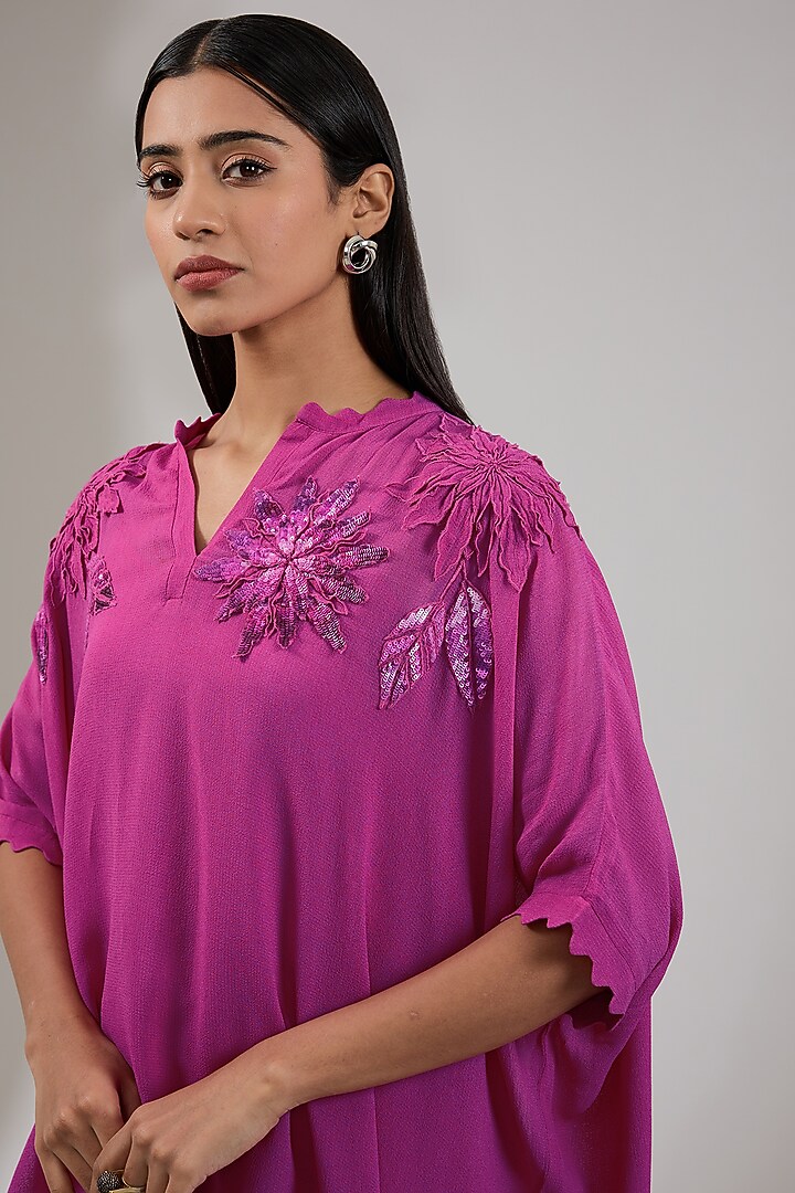 Ruby Georgette Floral Hand & Machine Embellished Tunic by Namrata Joshipura at Pernia's Pop Up Shop