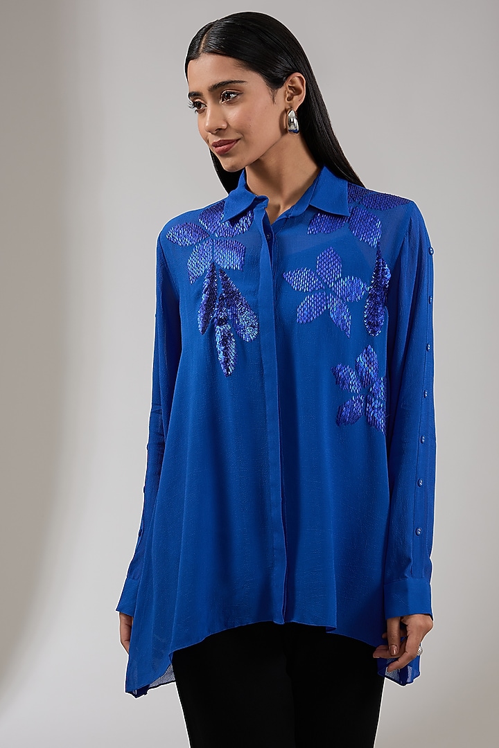 Neptune Georgette Floral Hand & Machine Embellished Shirt by Namrata Joshipura at Pernia's Pop Up Shop