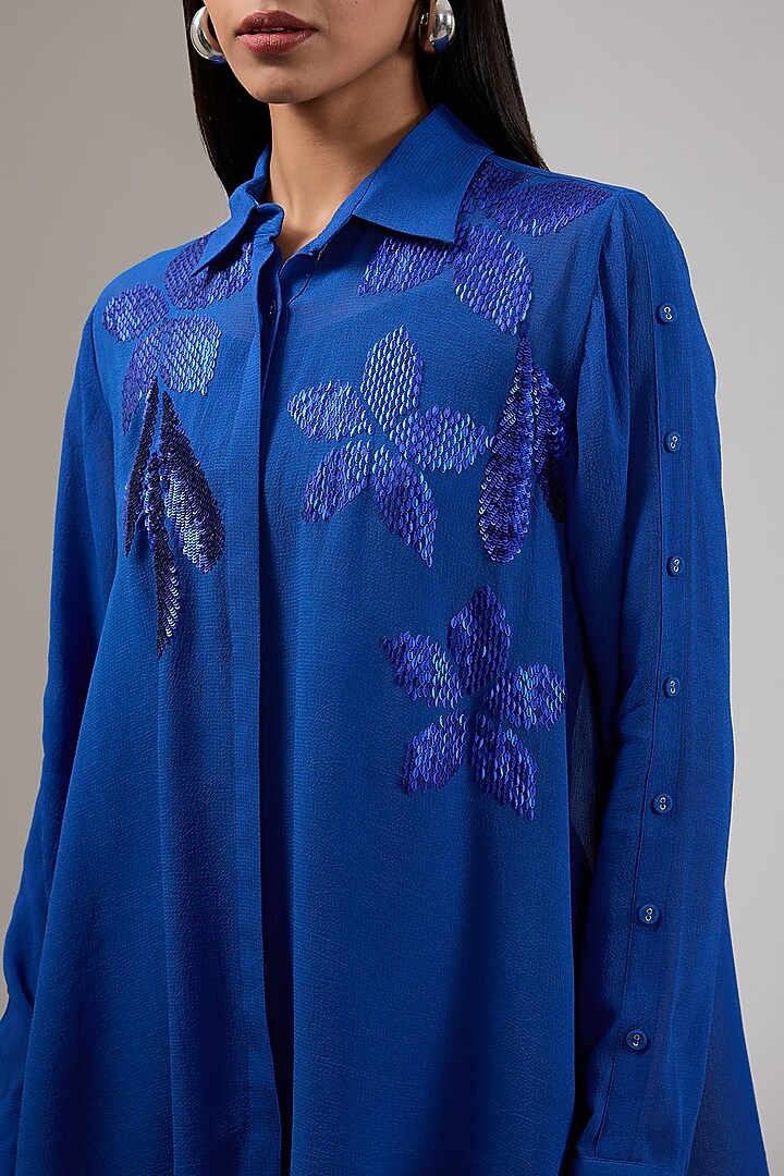 Neptune Georgette Floral Hand & Machine Embellished Shirt by Namrata Joshipura at Pernia's Pop Up Shop