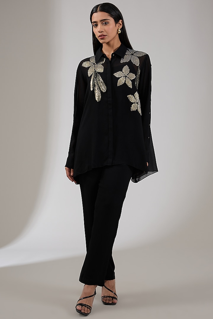 Charcoal Georgette Floral Hand & Machine Embellished Shirt by Namrata Joshipura at Pernia's Pop Up Shop