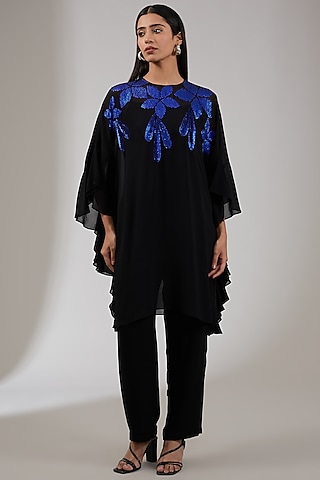 Charcoal & Blue Georgette Floral Machine Embellished Tunic by Namrata Joshipura