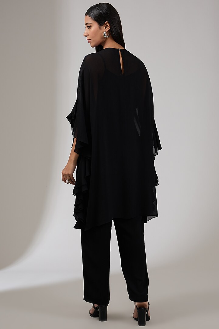 Charcoal & Blue Georgette Floral Machine Embellished Tunic by Namrata Joshipura at Pernia's Pop Up Shop