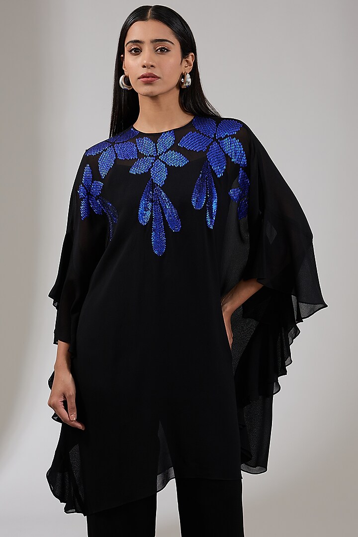 Charcoal & Blue Georgette Floral Machine Embellished Tunic by Namrata Joshipura at Pernia's Pop Up Shop