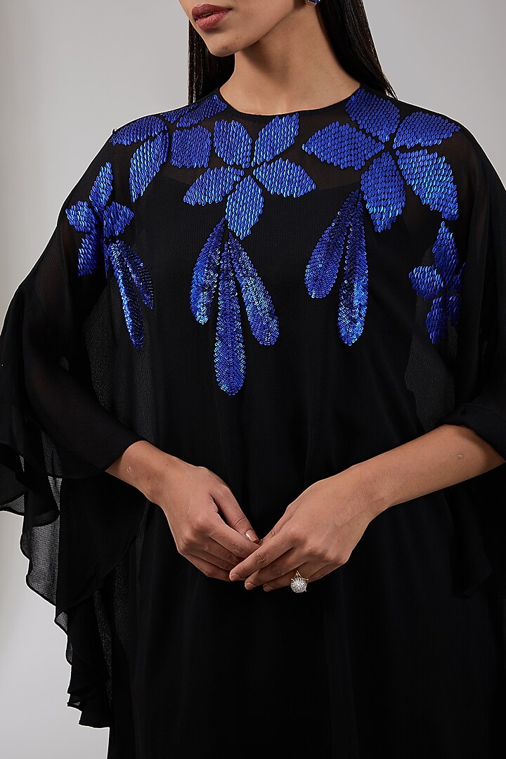 Charcoal & Blue Georgette Floral Machine Embellished Tunic by Namrata Joshipura at Pernia's Pop Up Shop
