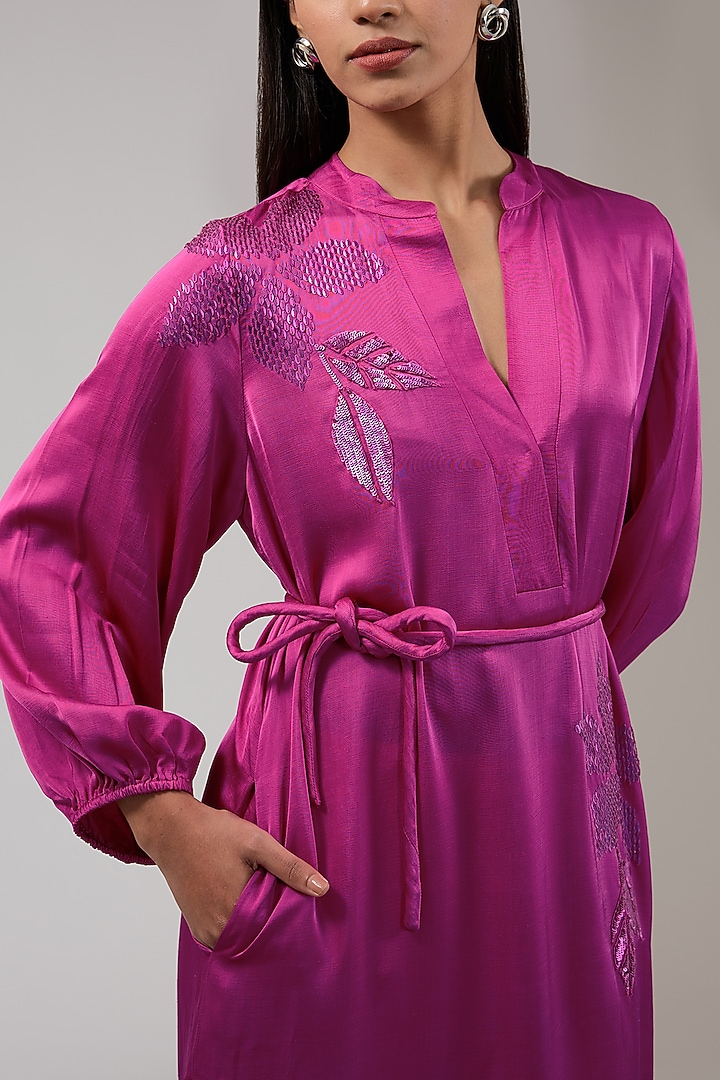 Ruby Satin Linen Floral Hand & Machine Embellished Cocktail Dress by Namrata Joshipura at Pernia's Pop Up Shop