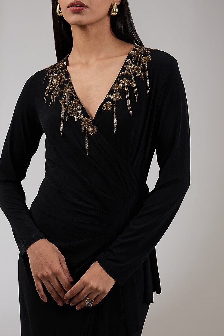 Charcoal Jersey Floral Embellished Draped Cocktail Dress by Namrata Joshipura at Pernia's Pop Up Shop