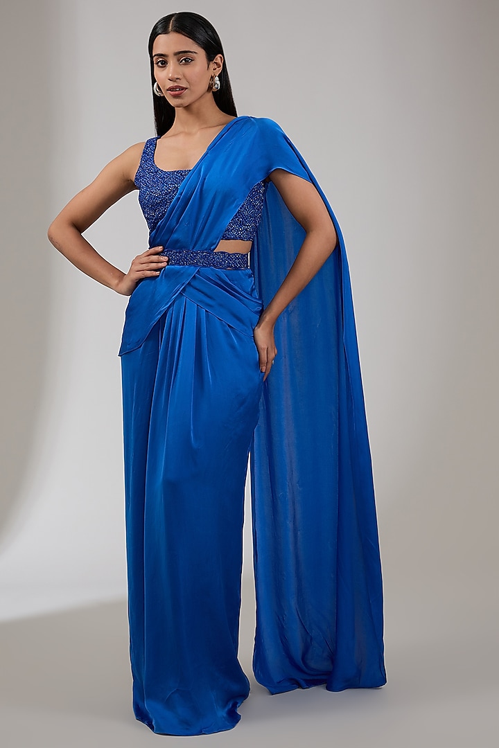 Neptune Blue Satin Wedding Saree Set by Namrata Joshipura at Pernia's Pop Up Shop