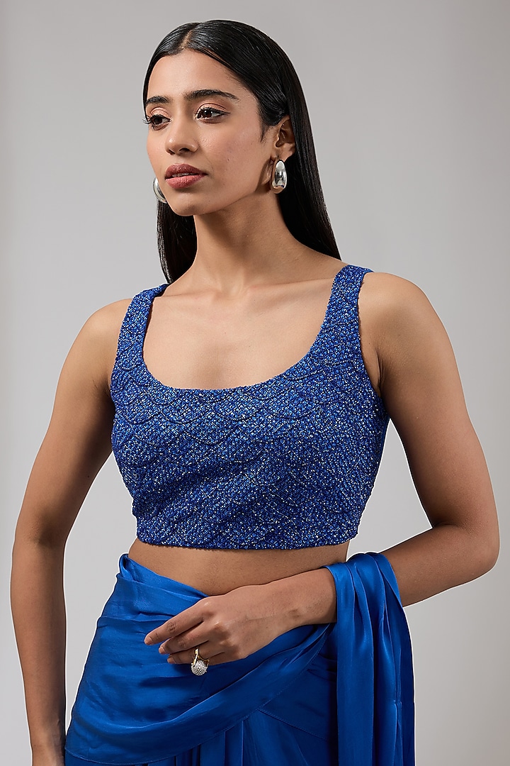 Neptune Blue Satin Wedding Saree Set by Namrata Joshipura at Pernia's Pop Up Shop