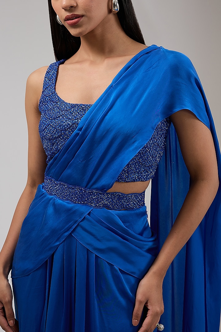 Neptune Blue Satin Wedding Saree Set by Namrata Joshipura at Pernia's Pop Up Shop