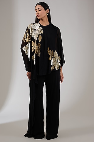 Black Jersey Floral Embellished Jumpsuit by Namrata Joshipura