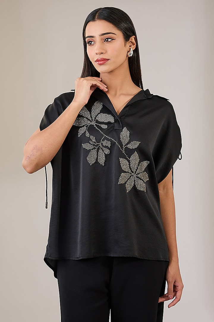 Charcoal Black Satin Crepe Shirt by Namrata Joshipura at Pernia's Pop Up Shop