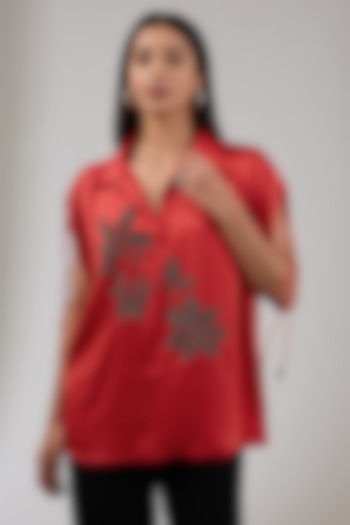 Crimson Red Bubble Crepe Floral Embellished Shirt by Namrata Joshipura at Pernia's Pop Up Shop