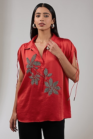 Crimson Red Bubble Crepe Floral Embellished Shirt by Namrata Joshipura