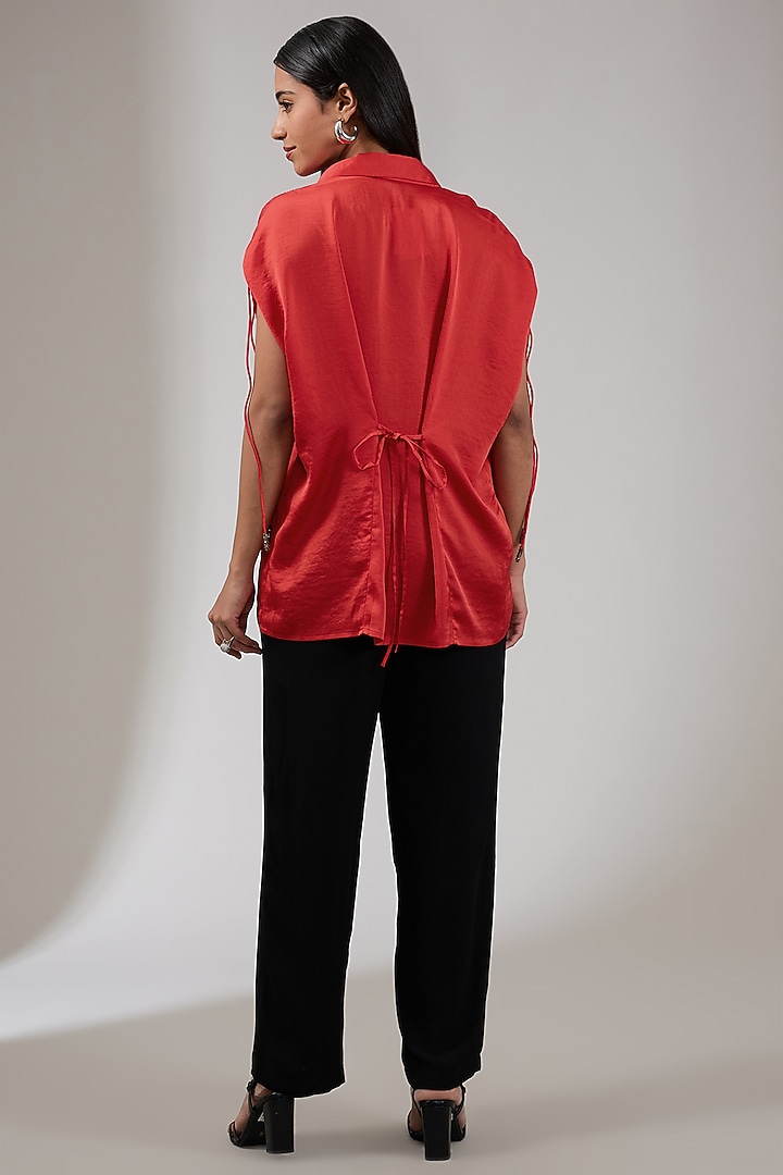 Crimson Red Bubble Crepe Floral Embellished Shirt by Namrata Joshipura at Pernia's Pop Up Shop