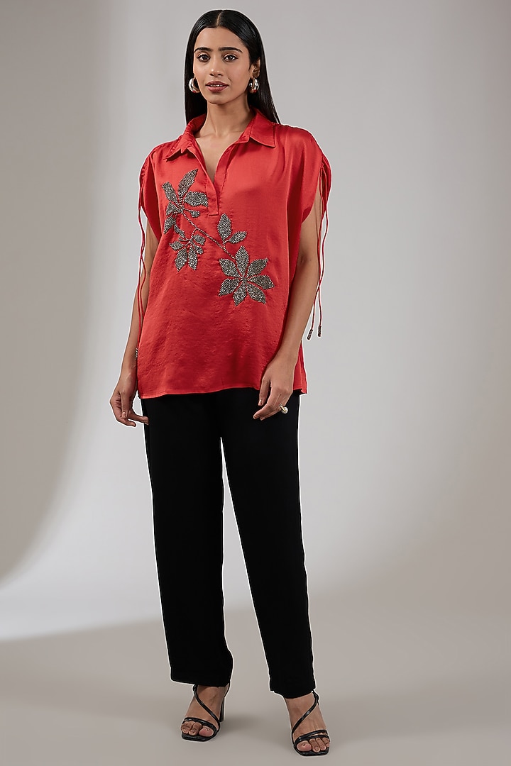 Crimson Red Bubble Crepe Floral Embellished Shirt by Namrata Joshipura at Pernia's Pop Up Shop
