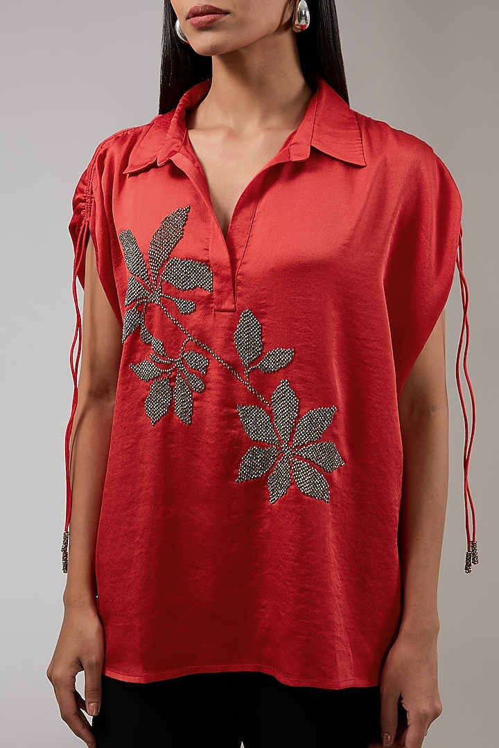 Crimson Red Bubble Crepe Floral Embellished Shirt by Namrata Joshipura at Pernia's Pop Up Shop