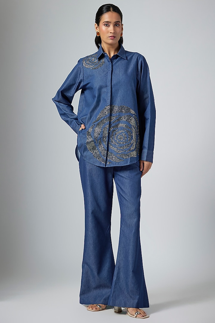 Denim Blue Modal Linen Shirt by Namrata Joshipura at Pernia's Pop Up Shop