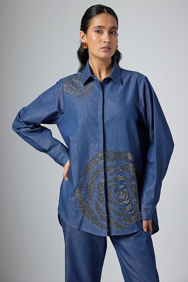 Denim Blue Modal Linen Shirt by Namrata Joshipura at Pernia's Pop Up Shop