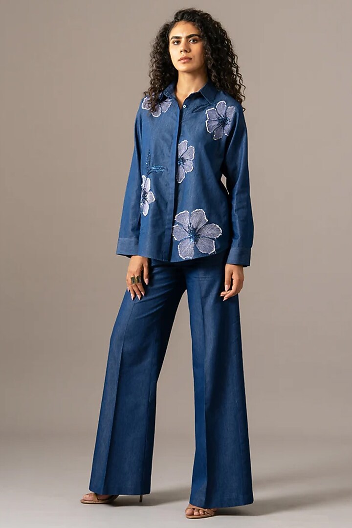 Blue Denim Floral Embroidered Shirt by Namrata Joshipura at Pernia's Pop Up Shop