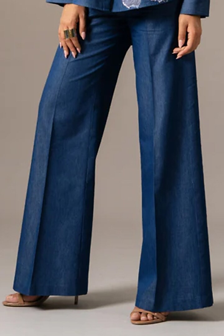 Blue Denim Floral Embroidered Shirt by Namrata Joshipura at Pernia's Pop Up Shop