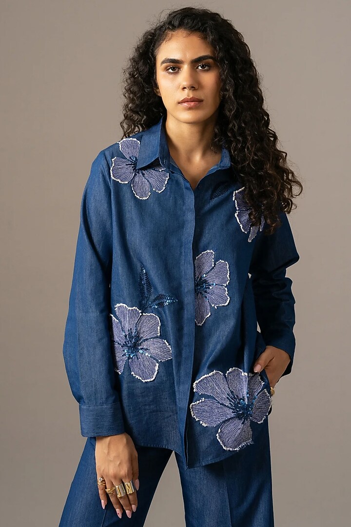 Blue Denim Floral Embroidered Shirt by Namrata Joshipura at Pernia's Pop Up Shop