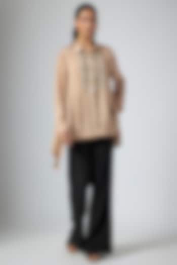 Mocha Brown Cupro Printed Shirt by Namrata Joshipura at Pernia's Pop Up Shop