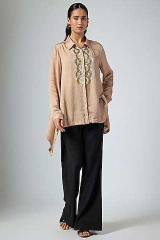 Mocha Brown Cupro Printed Shirt by Namrata Joshipura