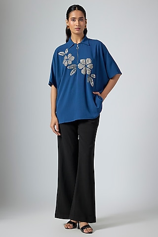 Denim Blue Georgette Top by Namrata Joshipura