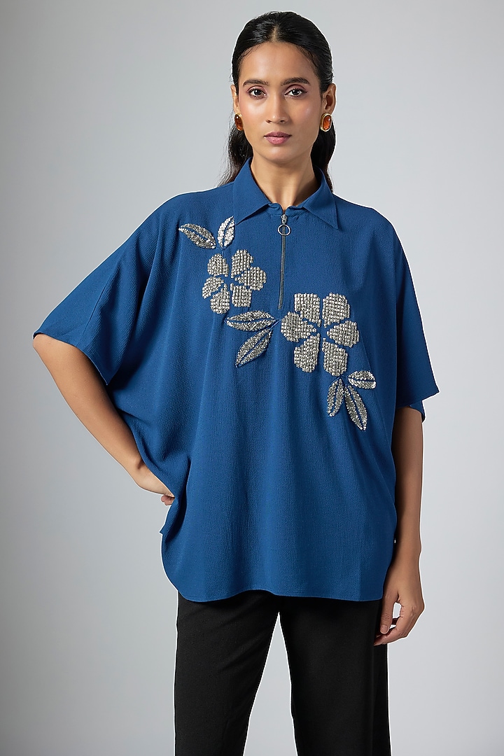 Denim Blue Georgette Top by Namrata Joshipura at Pernia's Pop Up Shop