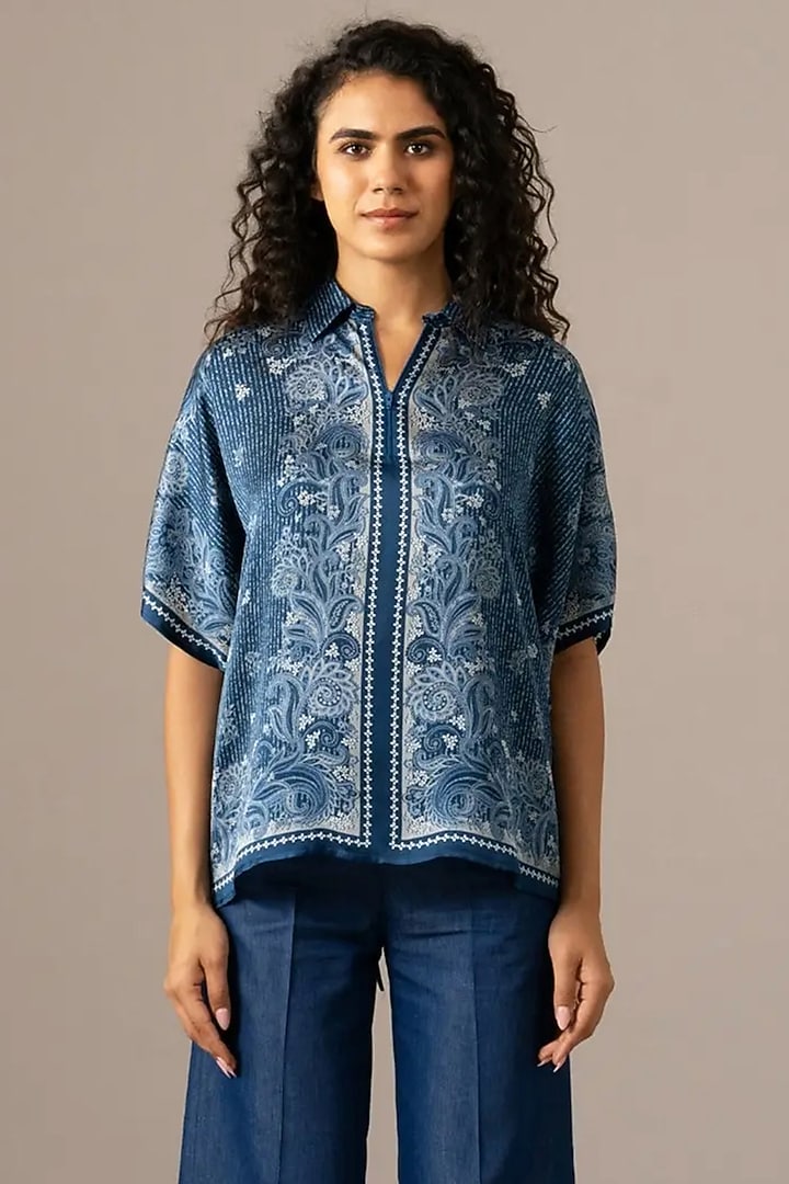 Navy Cupro Paisley Printed Scarf Top by Namrata Joshipura at Pernia's Pop Up Shop