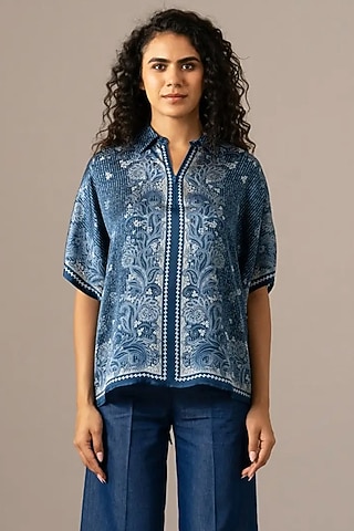 Navy Cupro Paisley Printed Scarf Top by Namrata Joshipura