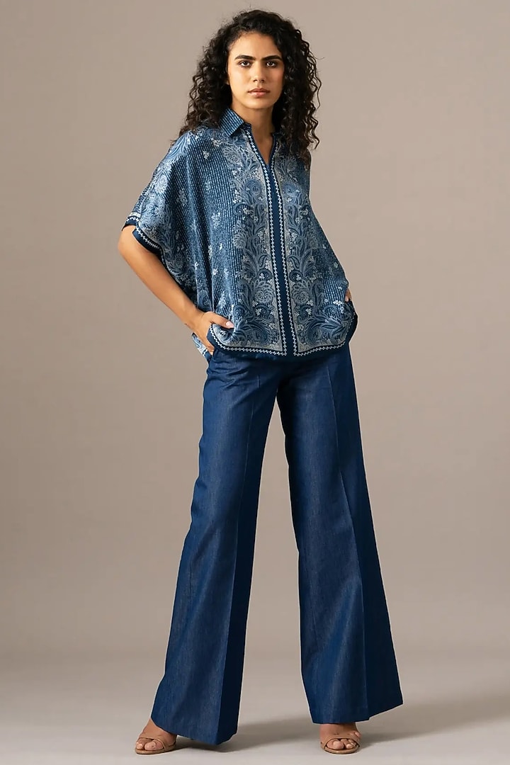 Navy Cupro Paisley Printed Scarf Top by Namrata Joshipura at Pernia's Pop Up Shop