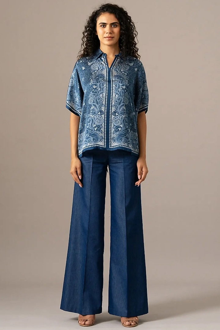 Navy Cupro Paisley Printed Scarf Top by Namrata Joshipura at Pernia's Pop Up Shop
