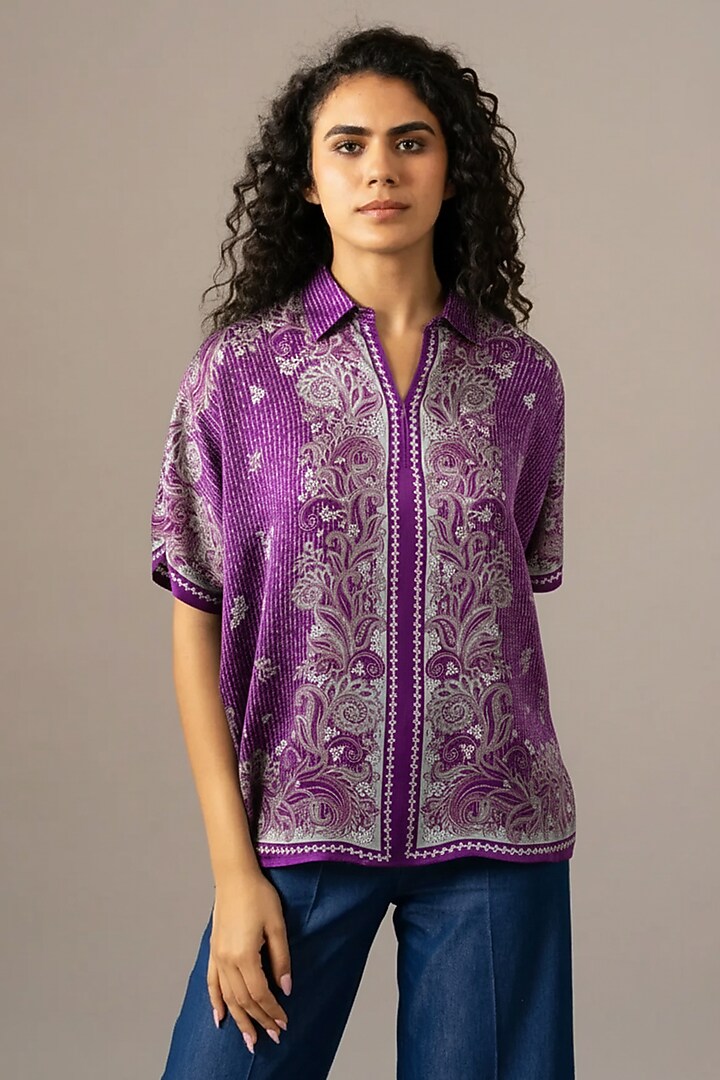 Purple Cupro Printed Scarf Top by Namrata Joshipura at Pernia's Pop Up Shop