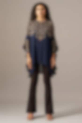 Navy Cupro Paisley Printed Frill Tunic by Namrata Joshipura at Pernia's Pop Up Shop