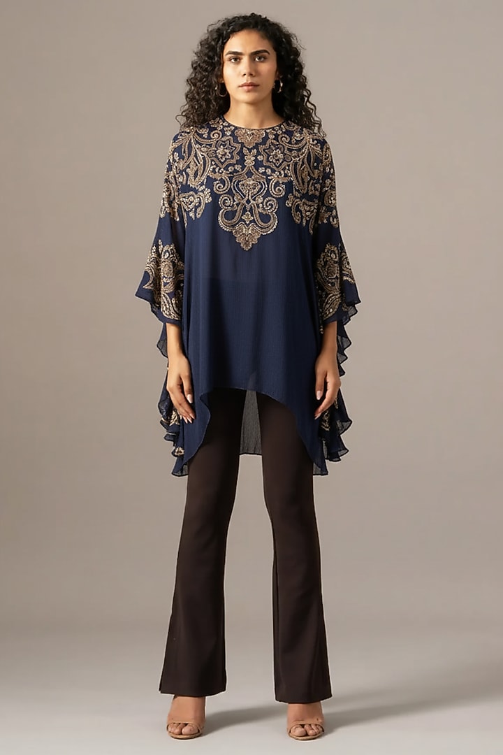 Navy Cupro Paisley Printed Frill Tunic by Namrata Joshipura at Pernia's Pop Up Shop