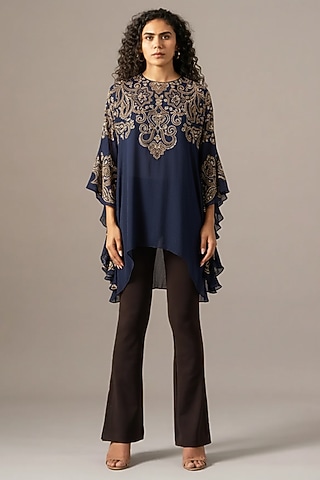 Navy Cupro Paisley Printed Frill Tunic by Namrata Joshipura